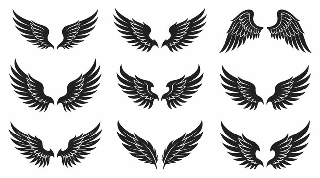 set collections pairs of black angel wings vector on white background