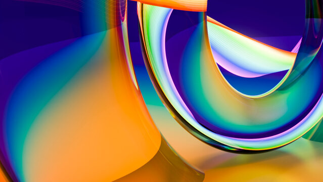 Colorful abstract glass curves with vibrant reflections and gradients