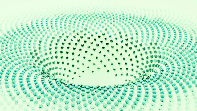 Blue spherical beads arranged in spiral wave pattern 3d illustration