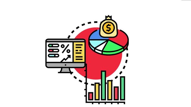 Profit gap chart illustrates financial analysis with a pie diagram, money bag, bar graph, and computer screen presenting percentage data for strategic business planning and growth