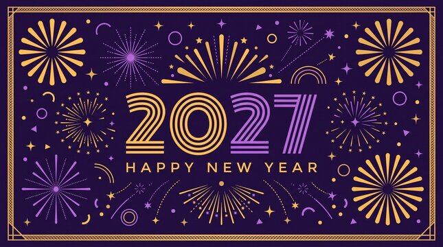 2027 Happy New Year Greeting Card with Golden Fireworks on Purple Background
