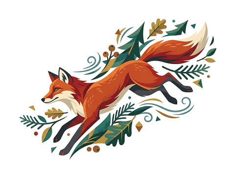 Running fox illustration with forest foliage isolated on transparent