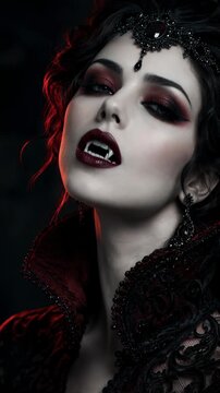 Gothic vampire costume portrait with jeweled headpiece and fanged smile. Halloween fashion and fantasy makeup. Dark elegance, alternative style. Horror character concept. Vertical video