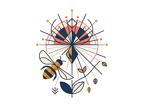 Geometric bee and floral ornament isolated on transparent background