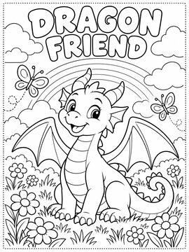 Cute cartoon dragon. black and white illustration for coloring book, dragon coloring pages