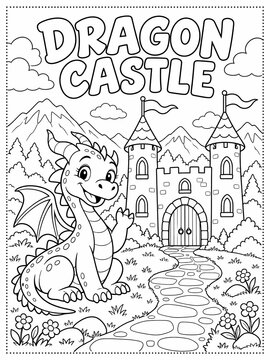 Cute cartoon dragon. black and white illustration for coloring book, dragon coloring pages
