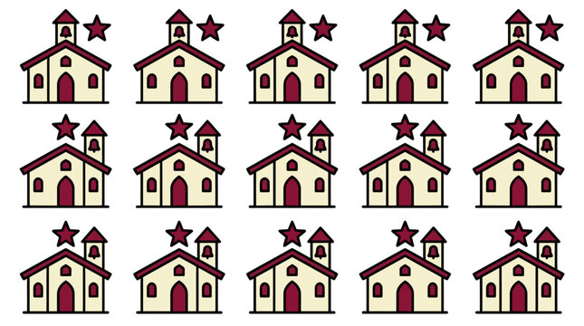 Church icons pattern shows repeated small religious buildings with steeple towers and star symbols above them.