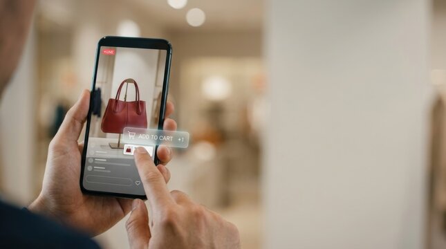 Live shopping and social commerce as a customer adds a red handbag to cart during a smartphone product stream in a retail setting