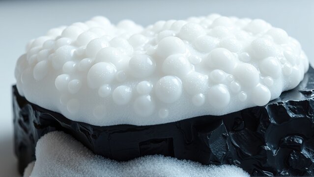 Culinary presentation. White foam atop dark base. Artistic food styling. Minimalist composition, high contrast, studio lighting. Delicious texture.