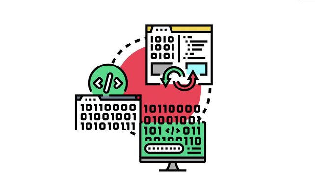 Program code development process digital screens with binary and programming syntax, representing software engineering, data processing, and debugging automation