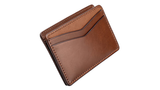 Closed elegant brown leather card holder wallet slim minimalist personal finance accessory isolated on transparent background.