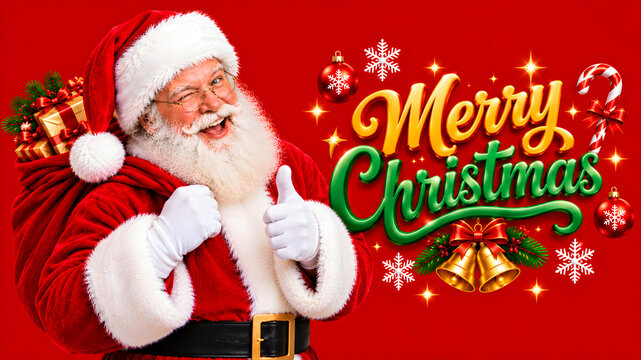 Winking Santa Claus Thumbs Up Merry Christmas Greeting Card Banner Festive Red Background 3D Illustration Graphic for Holiday Marketing Ads