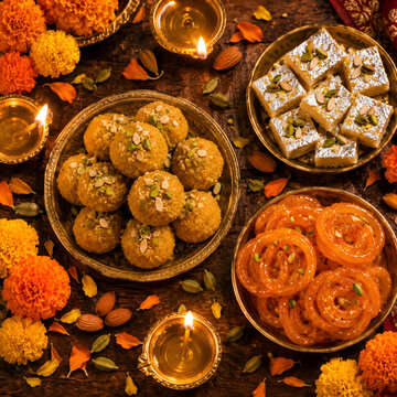 Diwali sweets laddu barfi jalebi with diya top view