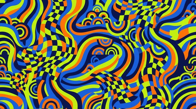Vibrant abstract swirling patterns in blue orange yellow and green colors