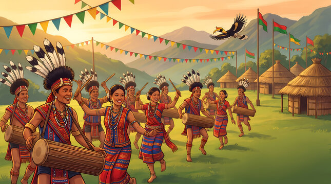 Vibrant illustration of hornbill festival celebration with traditional dancers and musicians in nagaland india