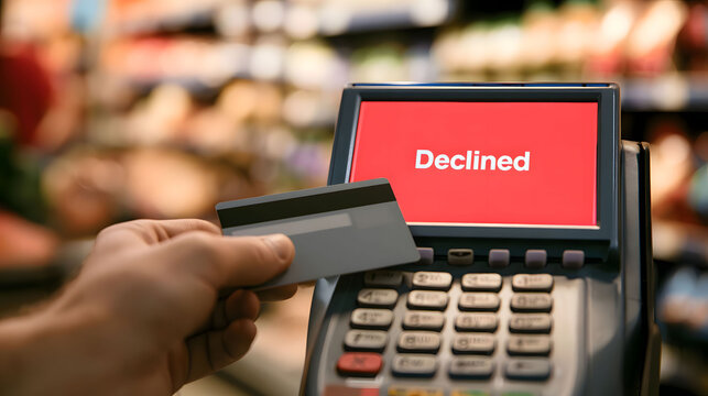 Declined credit card payment process on electronic pos machine screen during seasonal grocery shopping.