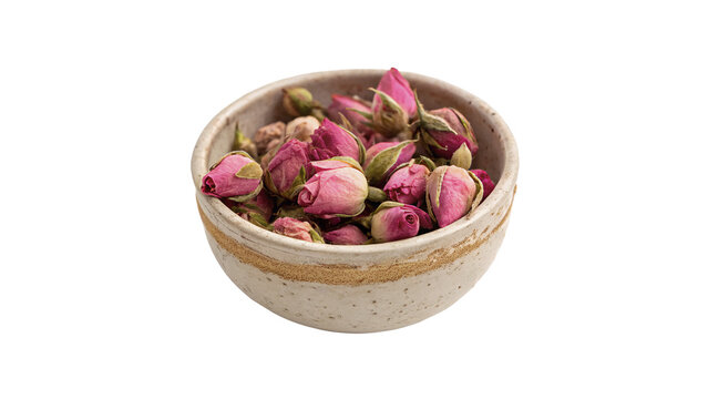 Small rustic ceramic bowl filled with dried pink rose buds flower tea isolated on transparent background.
