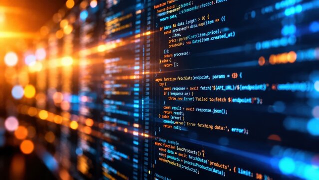 Software source code lines glowing brightly on dark monitor screen with warm bokeh lights background effect.