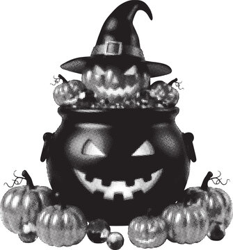 Halloween cauldron with carved jack o lantern face wearing a witch hat surrounded by small pumpkins in a black and white halftone dot vector illustration style on a plain white background