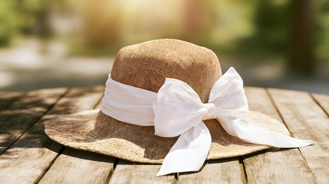 Straw sun hat with white ribbon bow on weathered wooden table