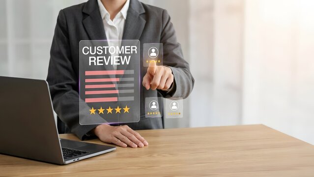 Businesswoman pointing at customer review and five star rating virtual screen on laptop desk, business reputation feedback satisfaction and survey concept