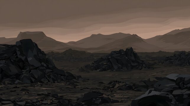 Desolate volcanic landscape with jagged black lava rocks and mountains