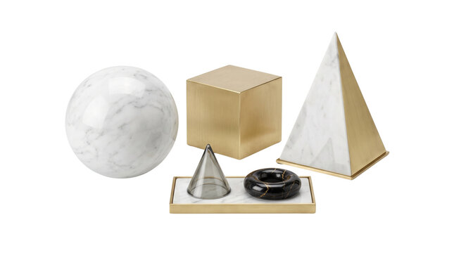 Geometric marble and gold decorative objects, modern minimalist architectural shapes, luxury interior decor accessories isolated PNG with Transparent Background