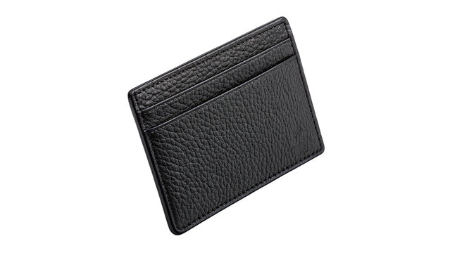 Closed elegant black leather card holder wallet slim minimalist personal finance accessory isolated on transparent background.