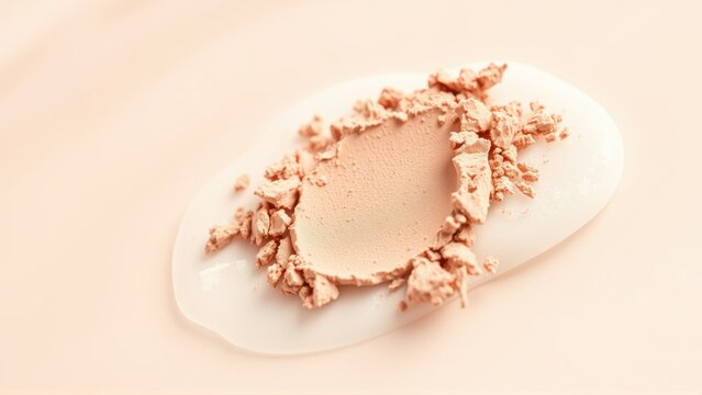 Powder makeup fragments scattered upon translucent surface. Soft beige tones dominate composition, highlighting texture. Minimalist studio shot.