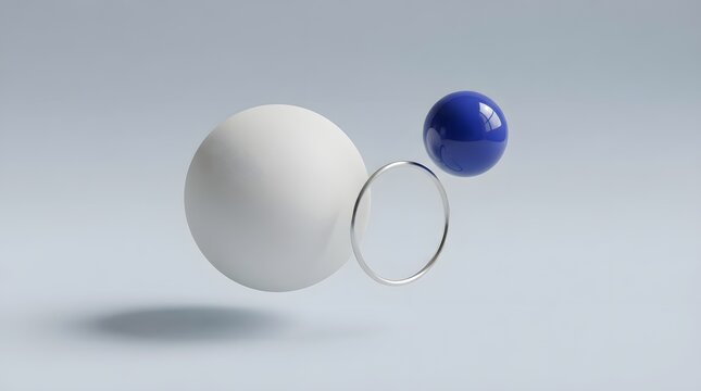 Abstract composition with a large matte white sphere, a small glossy blue sphere, and a thin silver ring floating against a soft light grey background