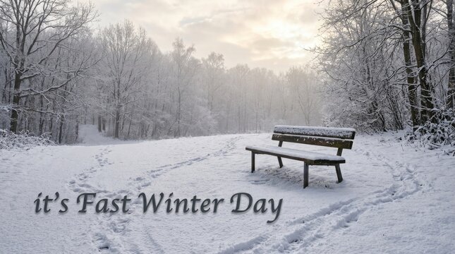 Peaceful winter landscape with snow covered park benches and frosted trees