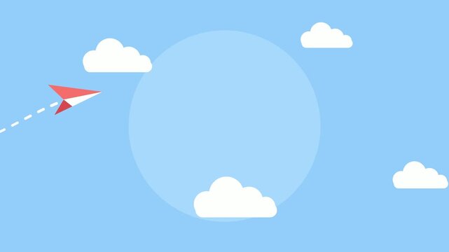 Paper airplane flying across blue sky with clouds, flat vector animation, travel and message