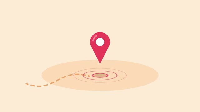 Bouncing location pin with ripple waves, flat vector animation, map and navigation concept