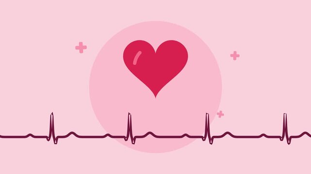 Beating red heart with ECG heartbeat line, flat vector animation, health and love concept