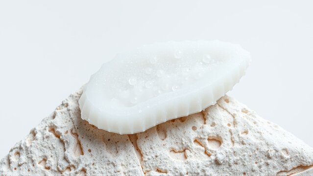 White object rests upon textured rock surface. Minimalist composition, clean background, focus on form, subtle lighting. Delicate contrast exists.