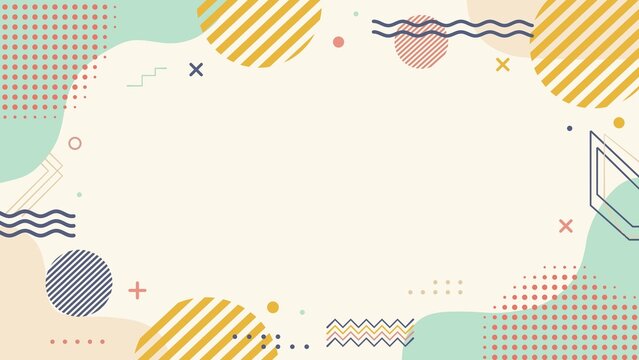 Pastel memphis background with mint blobs, yellow striped circles and wavy lines on cream