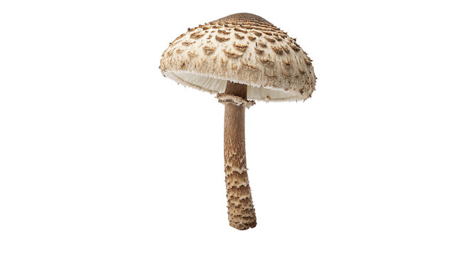 Single organic fresh raw wild parasol mushroom detailed stem and cap isolated on transparent background.