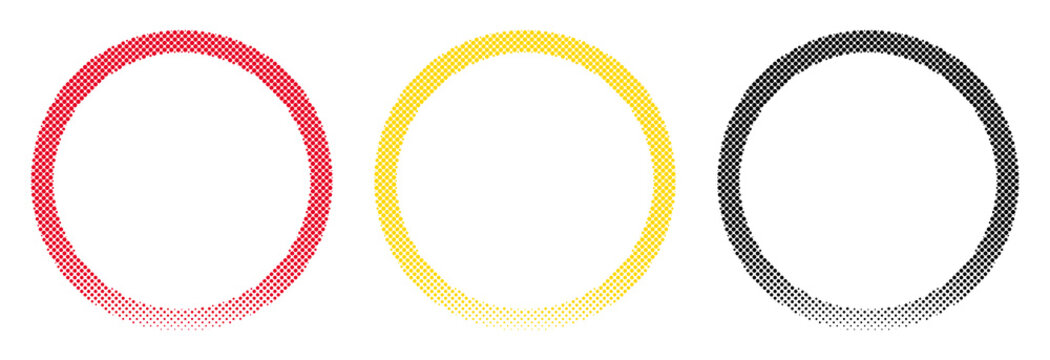 Halftone Round Circle Frames Set in Red Yellow and Black Isolated on Transparent Background 