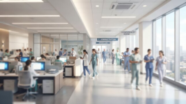 Blurred motion of diverse medical staff and healthcare professionals moving through a bright, modern hospital corridor with administrative offices, showcasing a busy clinical environment.