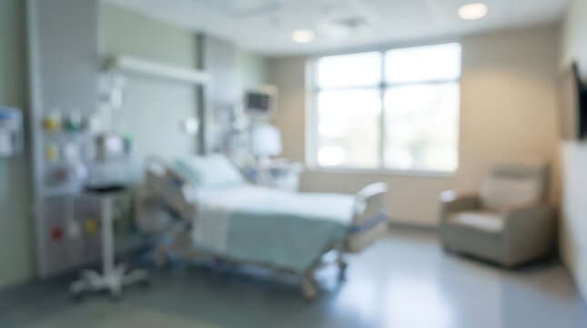 Modern hospital room interior featuring a medical bed and patient chair in a calm, professional healing environment suitable for healthcare and medical facility marketing projects.