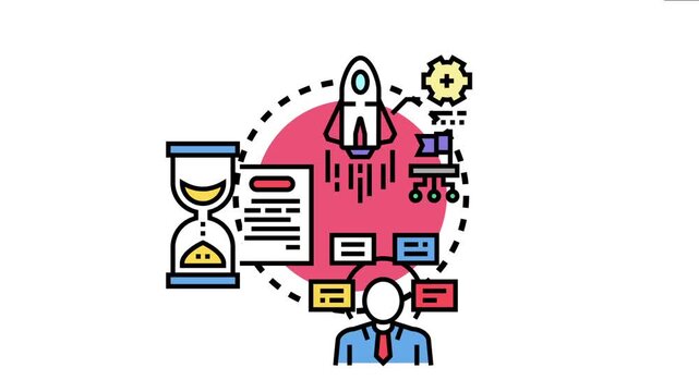 Business persona managing task hierarchy and timeline, using a rocket launch and hourglass to illustrate a project's swift initiation and strategic planning for successful development