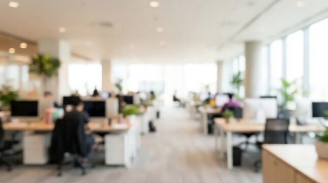 Modern office interior featuring an open plan workspace and professional workstations. This blurred corporate environment is ideal for business presentations, web backgrounds, or professional content.