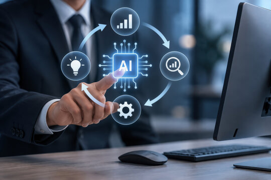 Business professional touching AI interface on desktop computer illustrating AI-driven continuous improvement feedback loop for performance optimization and planning