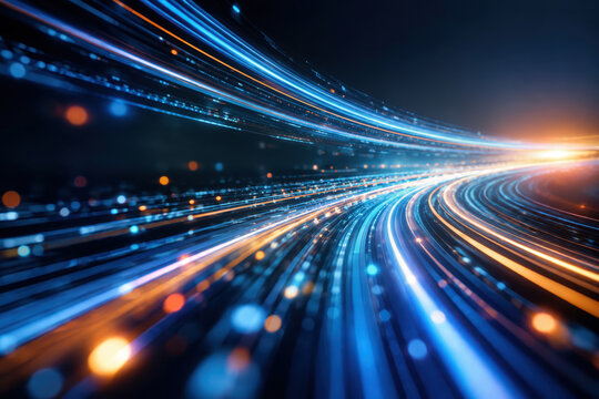 Abstract fiber optic light streams curving through dark space conveying high-speed data transmission and futuristic digital network connectivity technology visuals for telecom and IT concepts