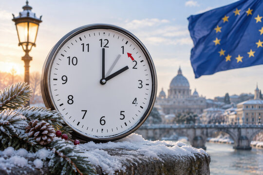 Alarm clock showing one hour back for winter time change in Europe with EU flag and snowy Rome cityscape St. Peter's Basilica winter daylight saving concept