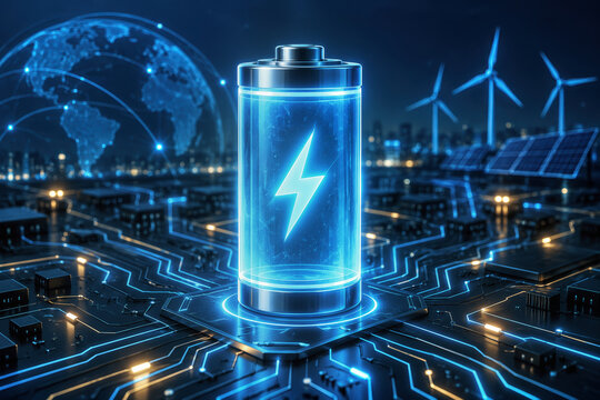 High-tech glowing battery cell on a digital circuit board representing advanced energy storage, smart grid integration, renewable power innovation for electric vehicles and stationary storage systems