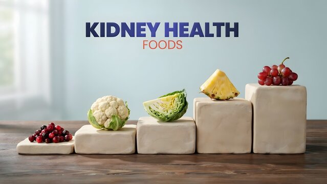 Kidney health foods pyramid with fresh produce on wooden blocks