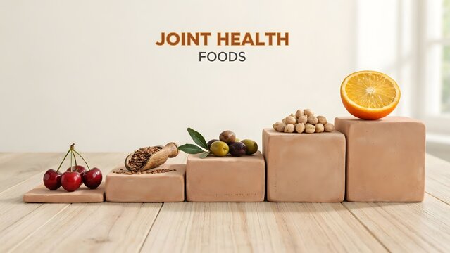 Joint health foods text with cherries seeds olives chickpeas and orange on blocks