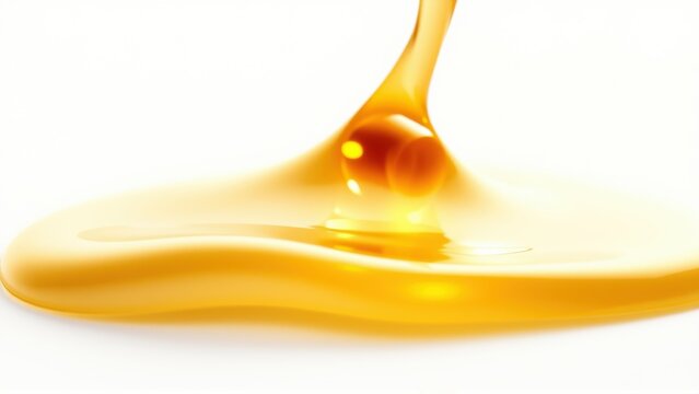 Golden liquid flows, creating glossy surface. Viscous texture suggests sweetness, perhaps honey or syrup. Bright illumination highlights form.