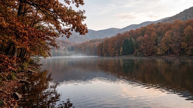 Peaceful Autumn Lake Reflecting Colorful Forest and Misty Mountains, Scenic Fall Background Images
